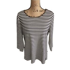 Talbots Womens XL Navy‎ White Striped 3/4 Sleeve Top Vegan Leather Shoulder Zip